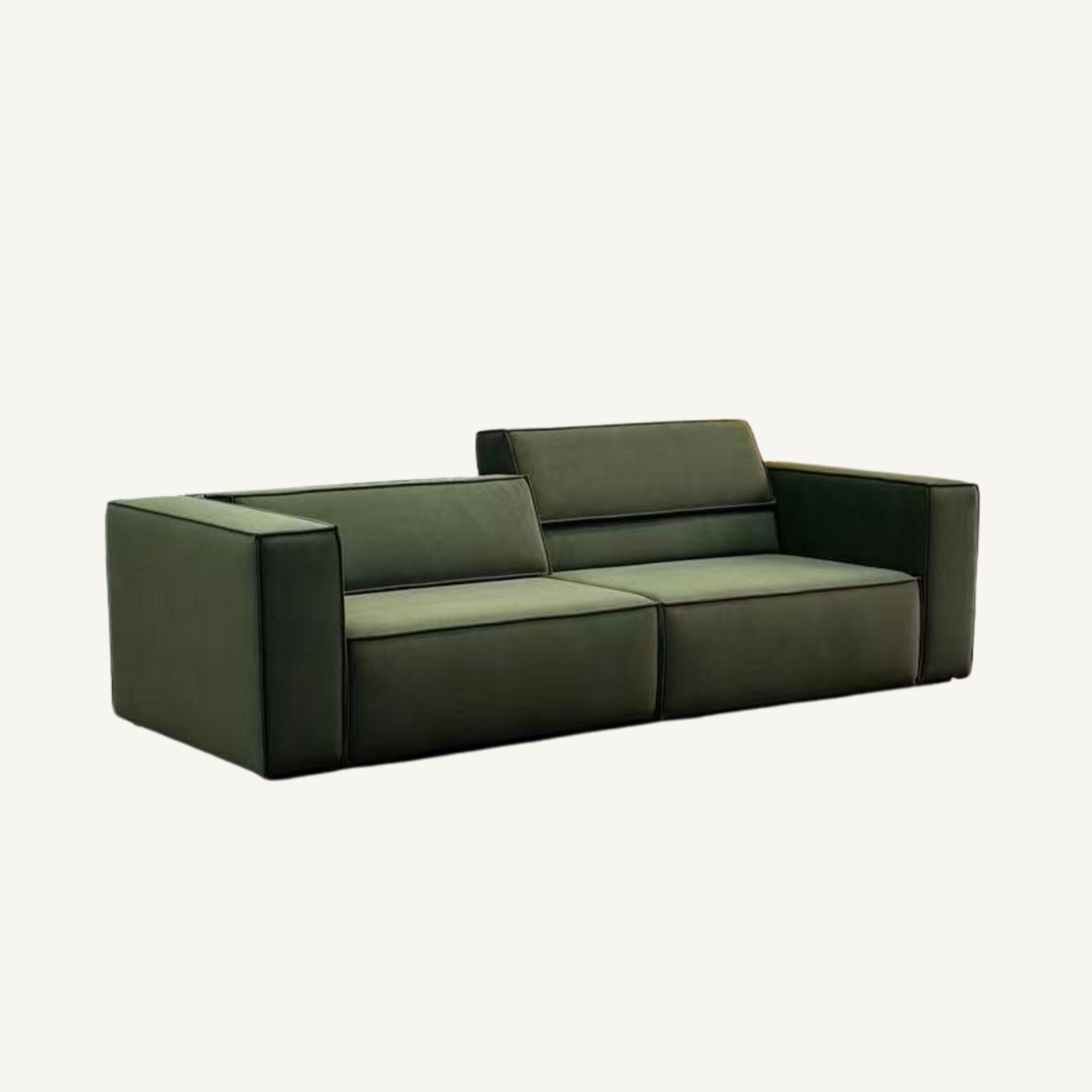 A modern two-seater sofa upholstered in dark olive green fabric, shown from a three-quarters angle against a plain off-white background.