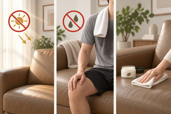 Three-panel lifestyle collage showing care instructions for a brown leather sofa: left panel shows sunlight rays with a sun-and-shield icon, middle panel shows a person sitting on the sofa with a towel over the shoulder and sweating that is not recommended, and right panel shows a hand wiping the sofa with a white cloth next to a small jar of leather conditioner.