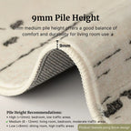 Close-up of a rug with text about 10mm pile height and recommendations for different areas.