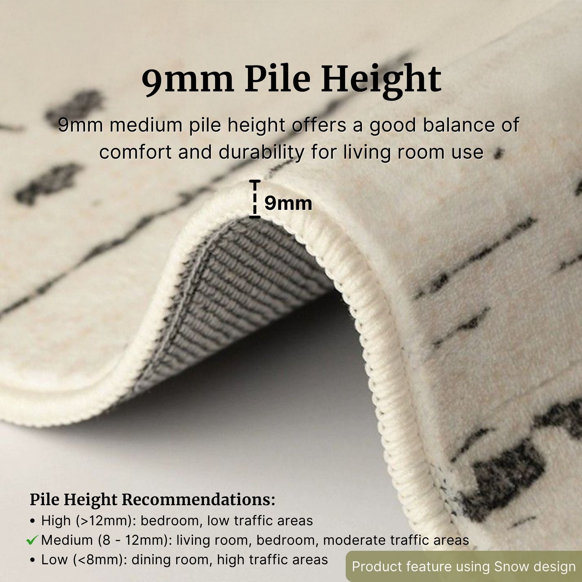 Close-up of a rug with text about 10mm pile height and recommendations for different areas.