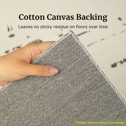 Hand holding gray fabric with text about cotton canvas backing