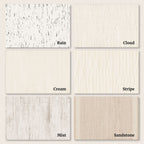 Six textured surface swatches arranged in a 2x3 grid on a light beige background, labeled Rain, Cloud, Cream, Stripe, Mist, and Sandstone.