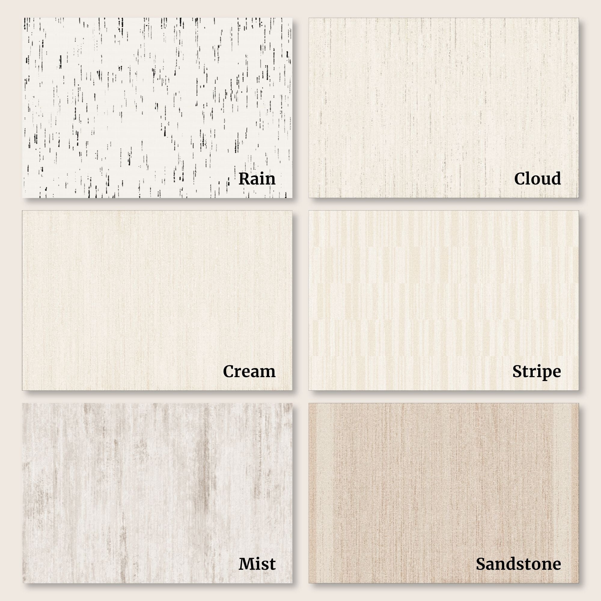 Six textured surface swatches arranged in a 2x3 grid on a light beige background, labeled Rain, Cloud, Cream, Stripe, Mist, and Sandstone.