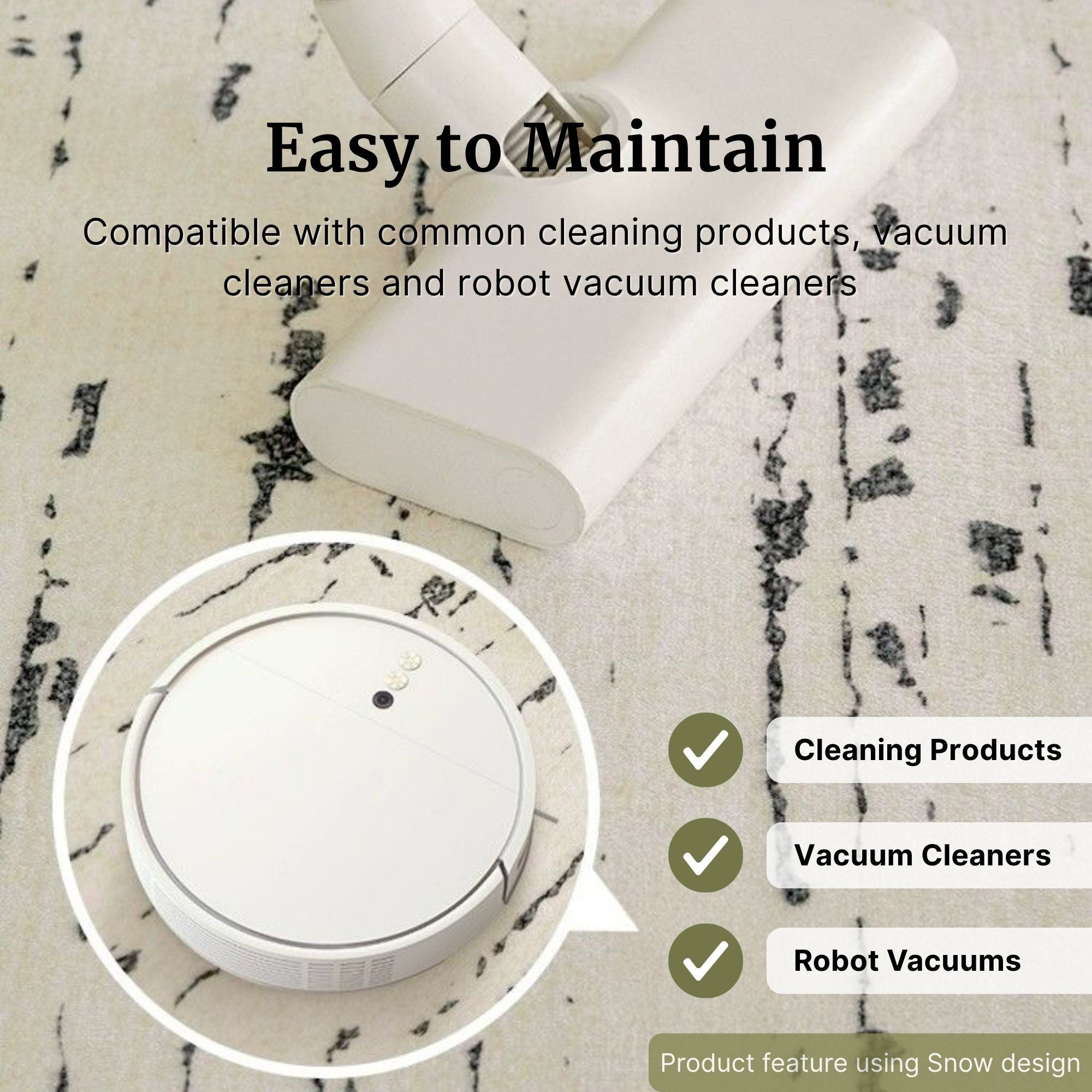 White robot vacuum cleaner on a patterned carpet with text about compatibility.