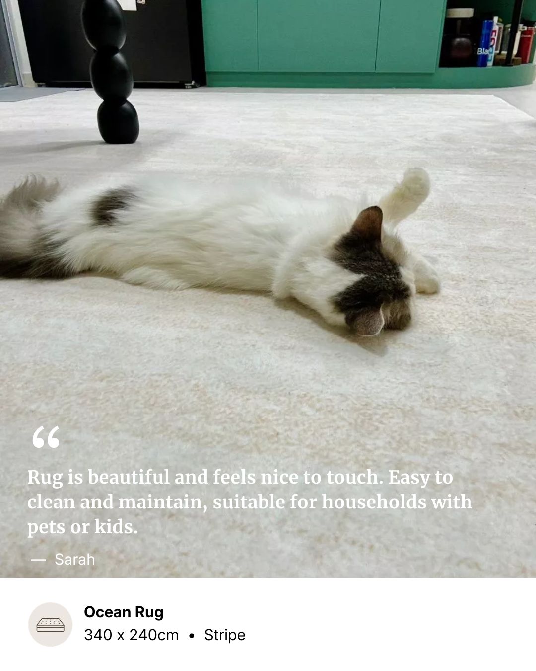 A white and gray cat lies stretched out on a cream-colored striped rug in a home interior, with overlaid text describing the rug as soft and suitable for households with pets or kids.