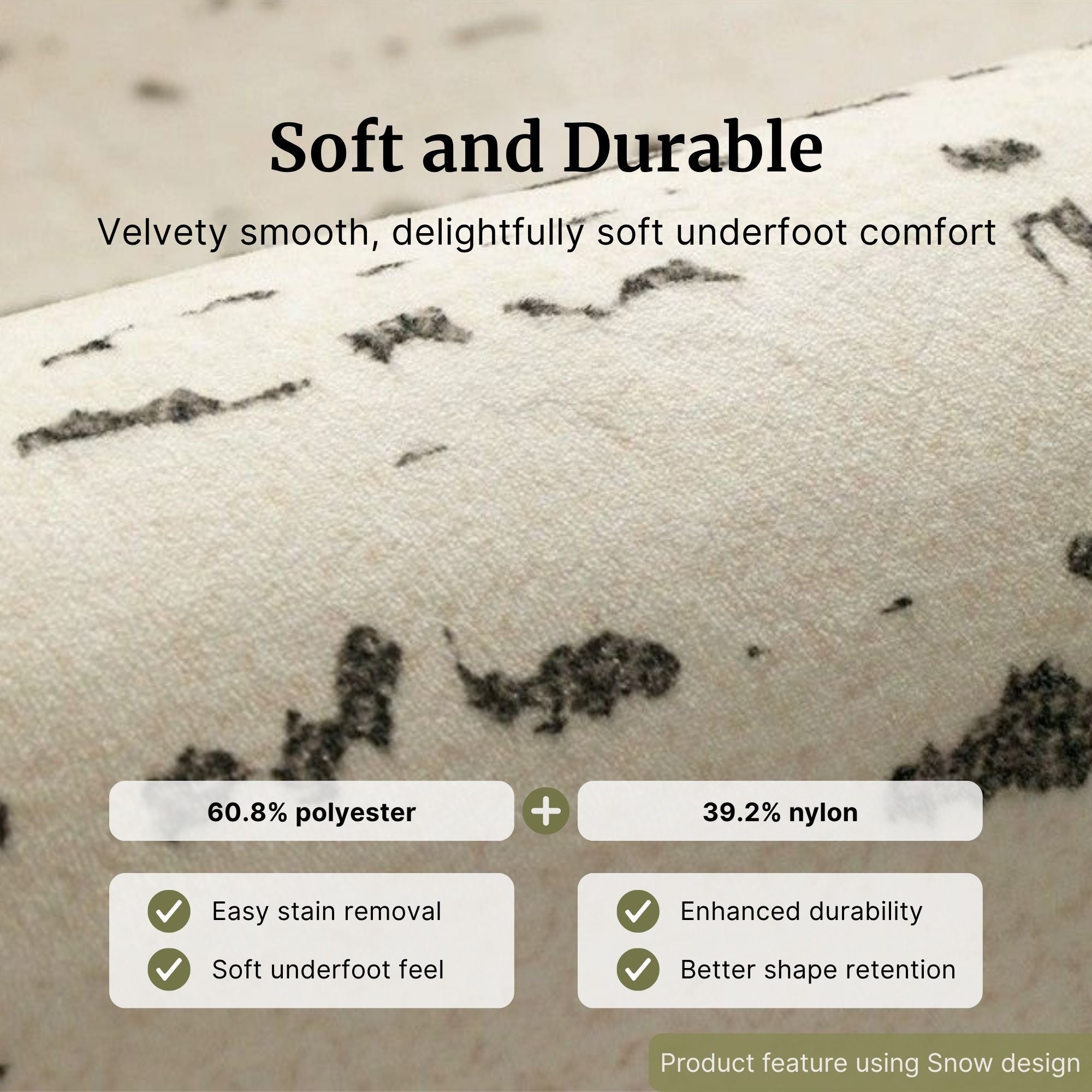 Textured fabric with black patterns and product feature details on a beige background