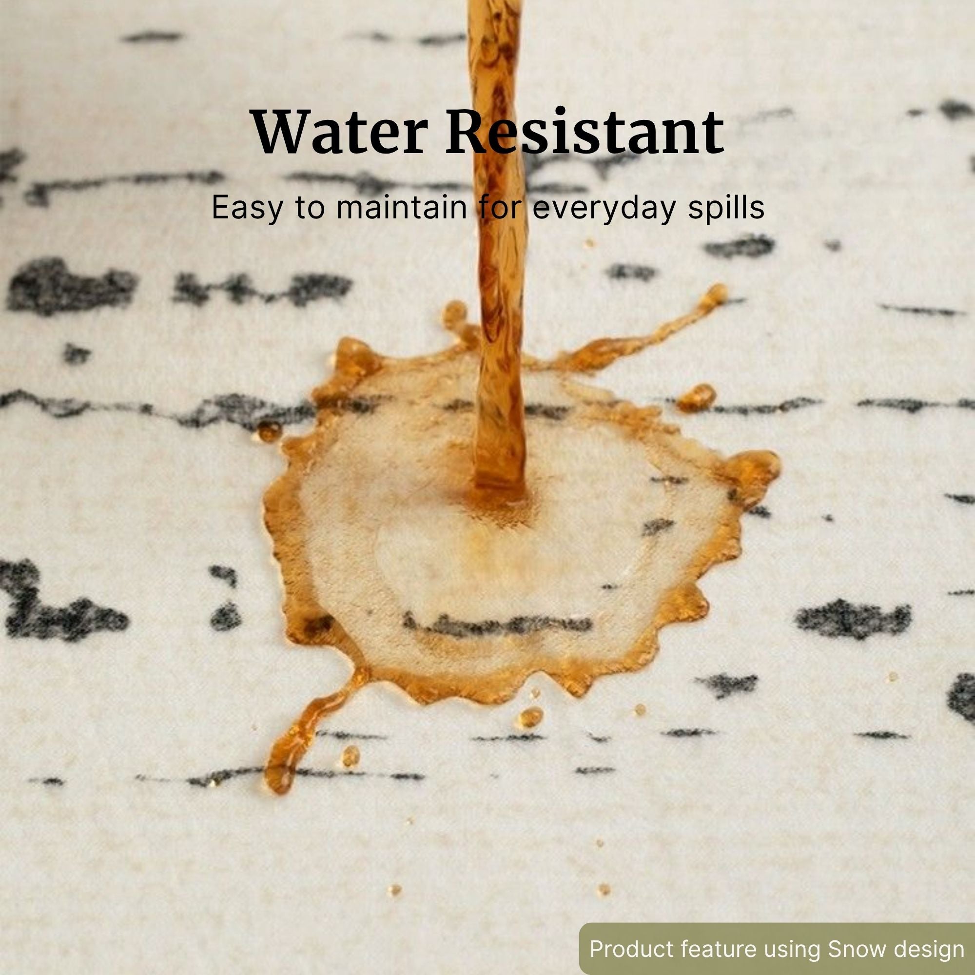Water-resistant rug in a room with text and a close-up of a hand using it.