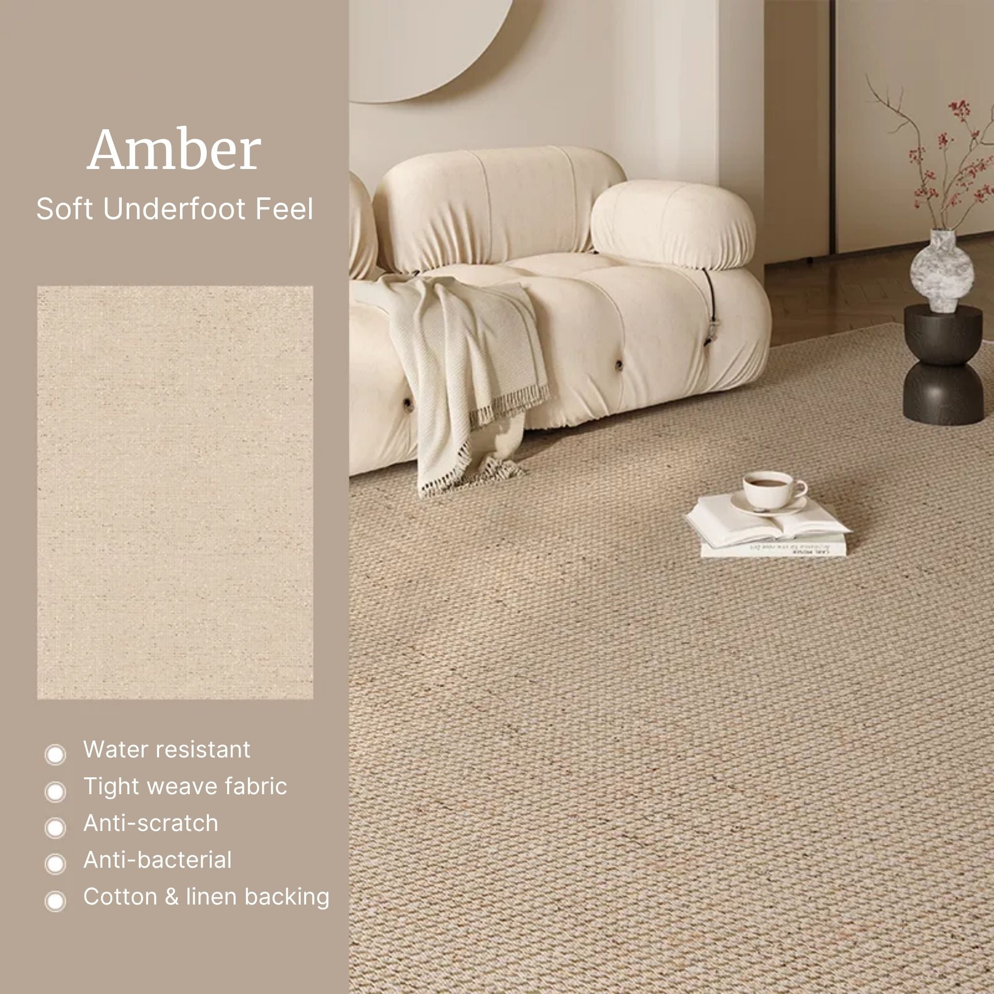 Living room with beige carpet and furniture, featuring the 'Amber' carpet color swatch.