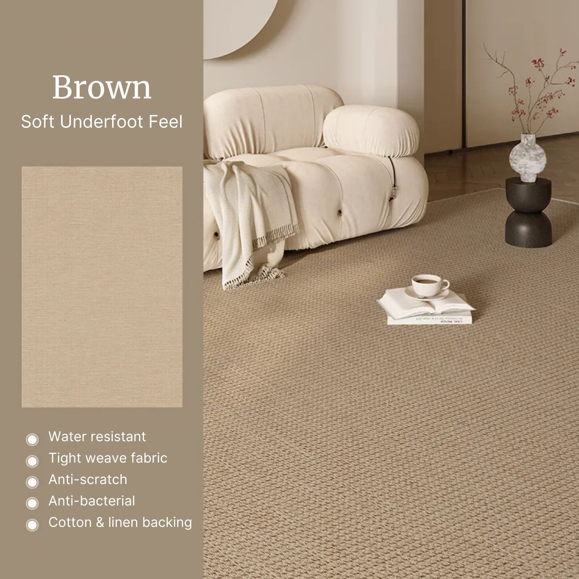 Brown carpet with a beige armchair and coffee table in a room setting, featuring text about carpet properties.