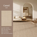 Living room with a camel-colored textured rug and a color swatch on the left.