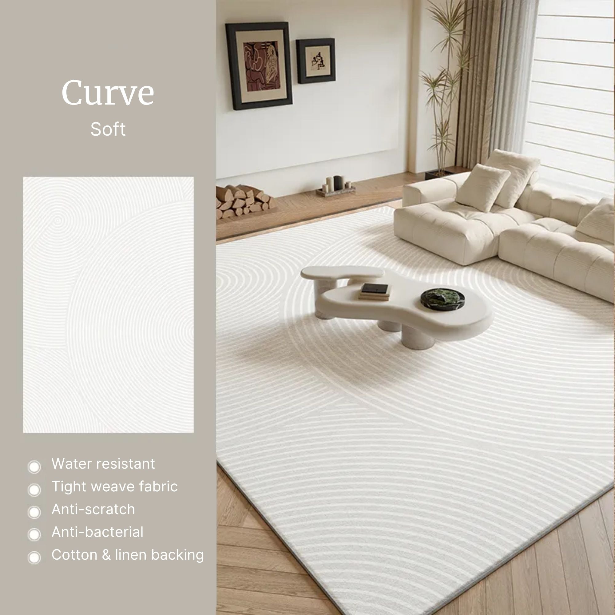 White textured rug in a modern living room with a coffee table and couch.