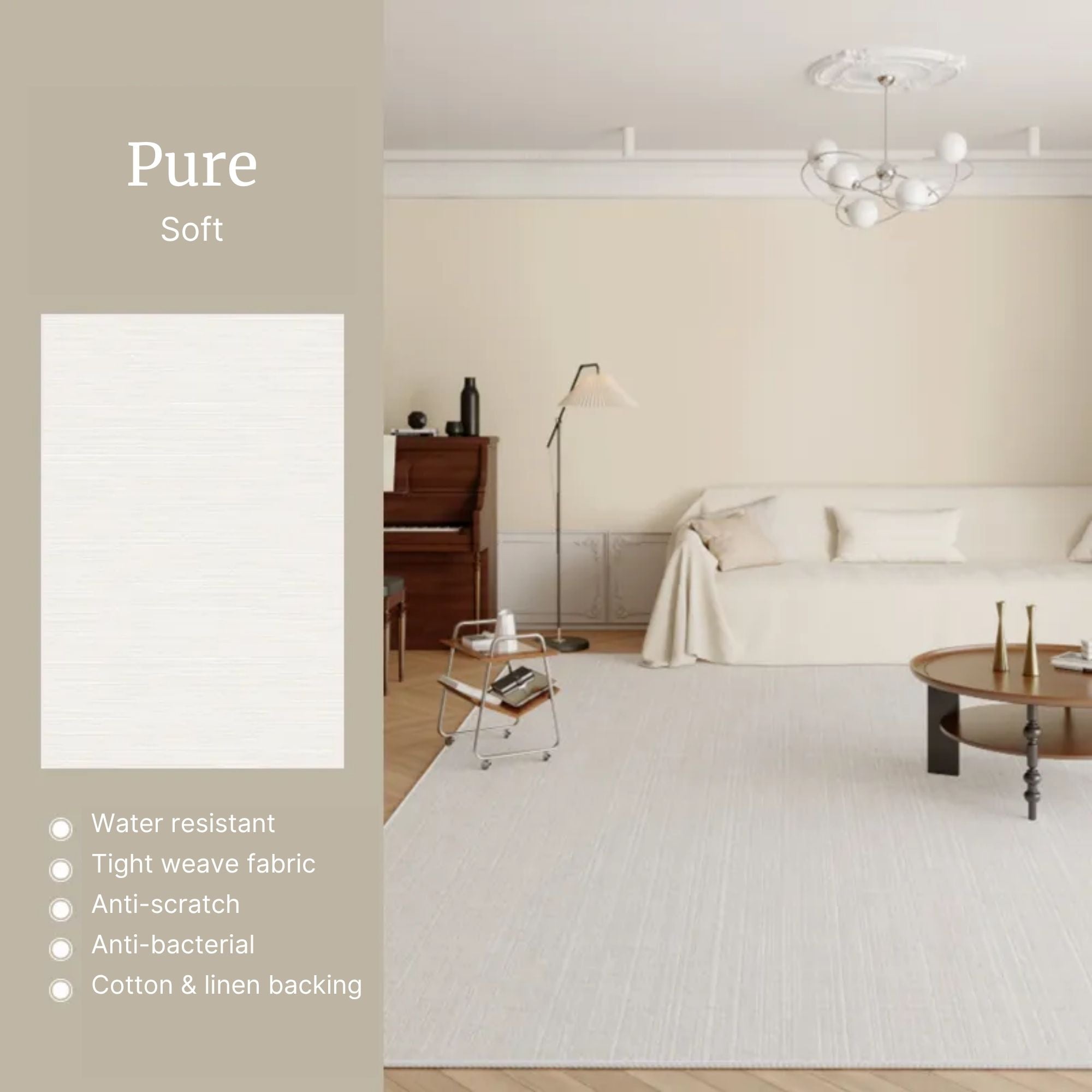 Living room with a white rug, piano, and lamp, featuring text about the rug's properties.