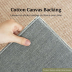 Hand holding a textured mat with cotton canvas backing on a beige floor.