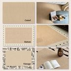 overview of all type of beige and neutral designs available as part of Olivia water resistant rug consisting of Camel, Rattan and Vintage