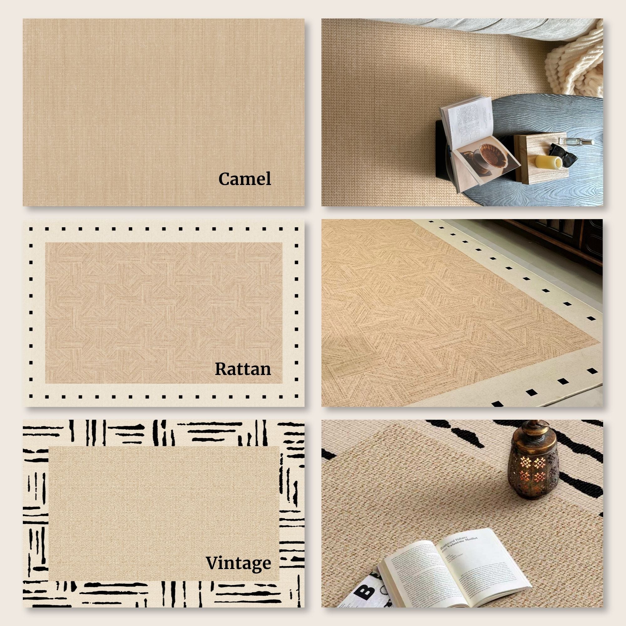 overview of all type of beige and neutral designs available as part of Olivia water resistant rug consisting of Camel, Rattan and Vintage