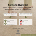Advertisement highlighting safety and hygiene features on a textured surface.