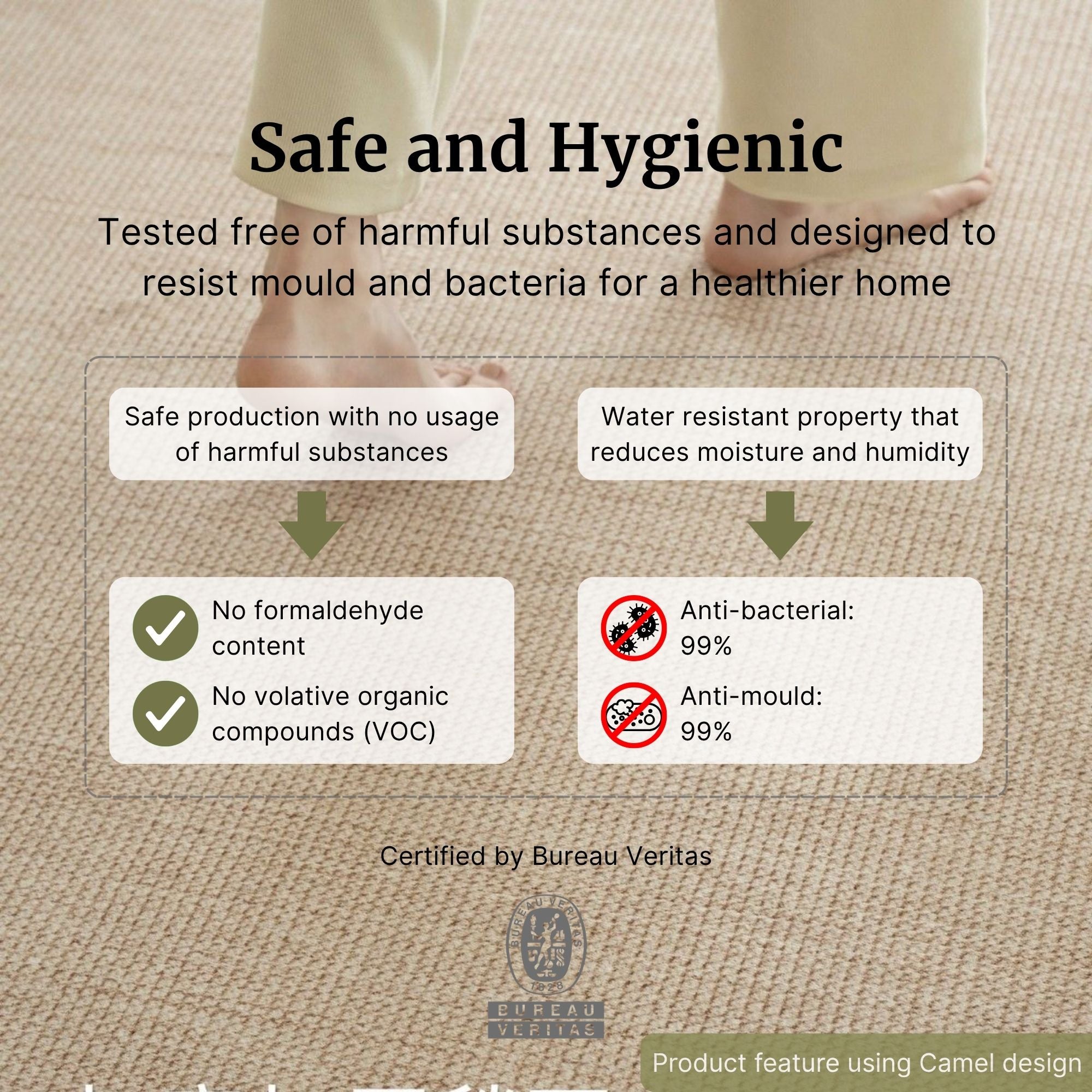 Advertisement highlighting safety and hygiene features on a textured surface.