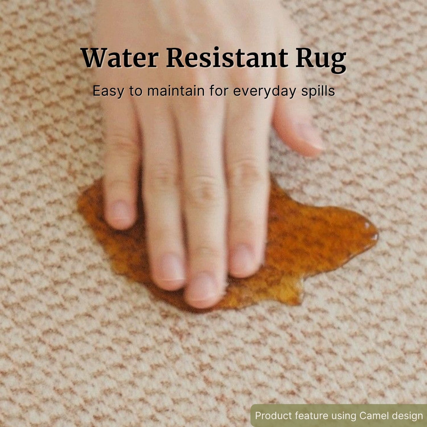 Hand pressing a drop of water onto a water-resistant rug.