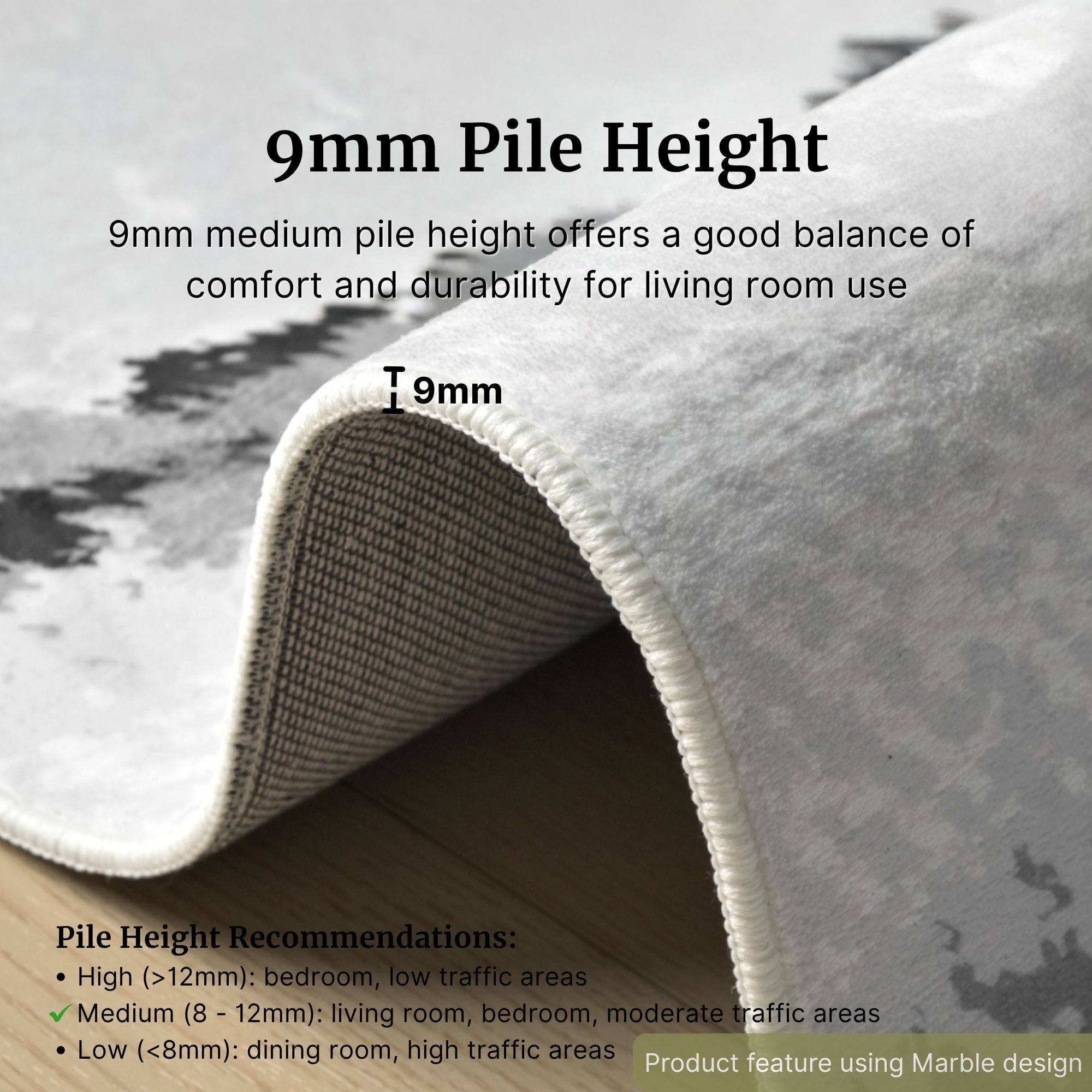 A close-up of a light gray plush area rug with a rolled corner showing its beige underside, overlaid with text explaining 9mm pile height and pile height recommendations.