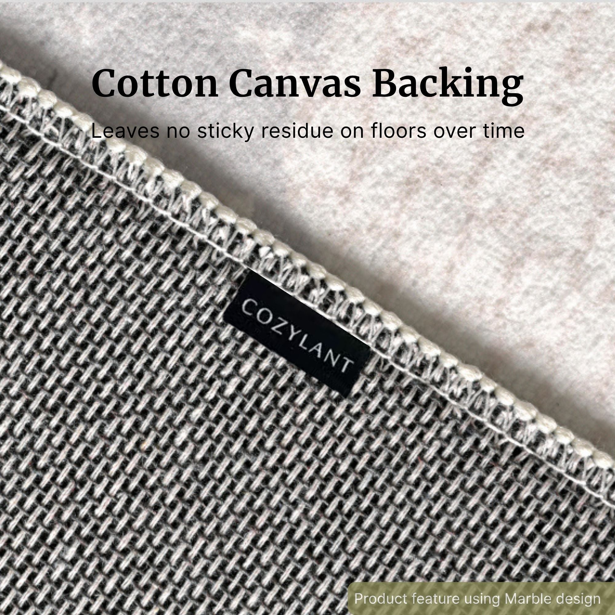 Close-up of a woven gray and white textured backing material with overlaid text reading 'Cotton Canvas Backing' and 'Leaves no sticky residue on floors over time.'.
