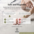 An informational graphic with a marble-textured background and human hands demonstrating product use. The text reads 'Safe and Hygienic' and lists benefits such as 'Tested free of harmful substances' and 'Water resistant property that reduces moisture and humidity,' with certification text for Bureau Veritas for Oscar rug.