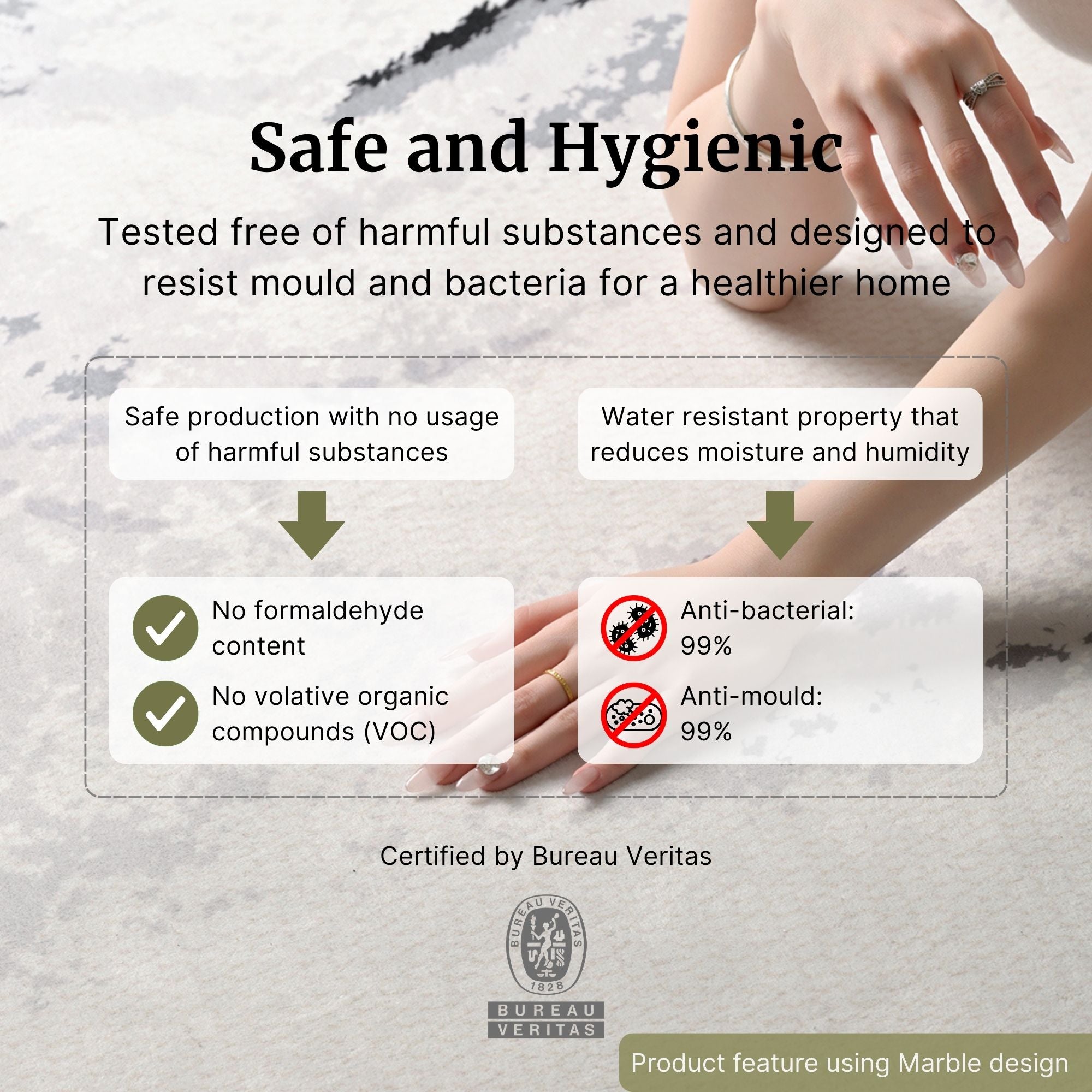 An informational graphic with a marble-textured background and human hands demonstrating product use. The text reads 'Safe and Hygienic' and lists benefits such as 'Tested free of harmful substances' and 'Water resistant property that reduces moisture and humidity,' with certification text for Bureau Veritas for Oscar rug.