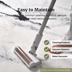 A cordless floor cleaner head and handle shown on a light marble-patterned rug, with marketing text reading 'Easy to Maintain' and a foot visible at the right edge.