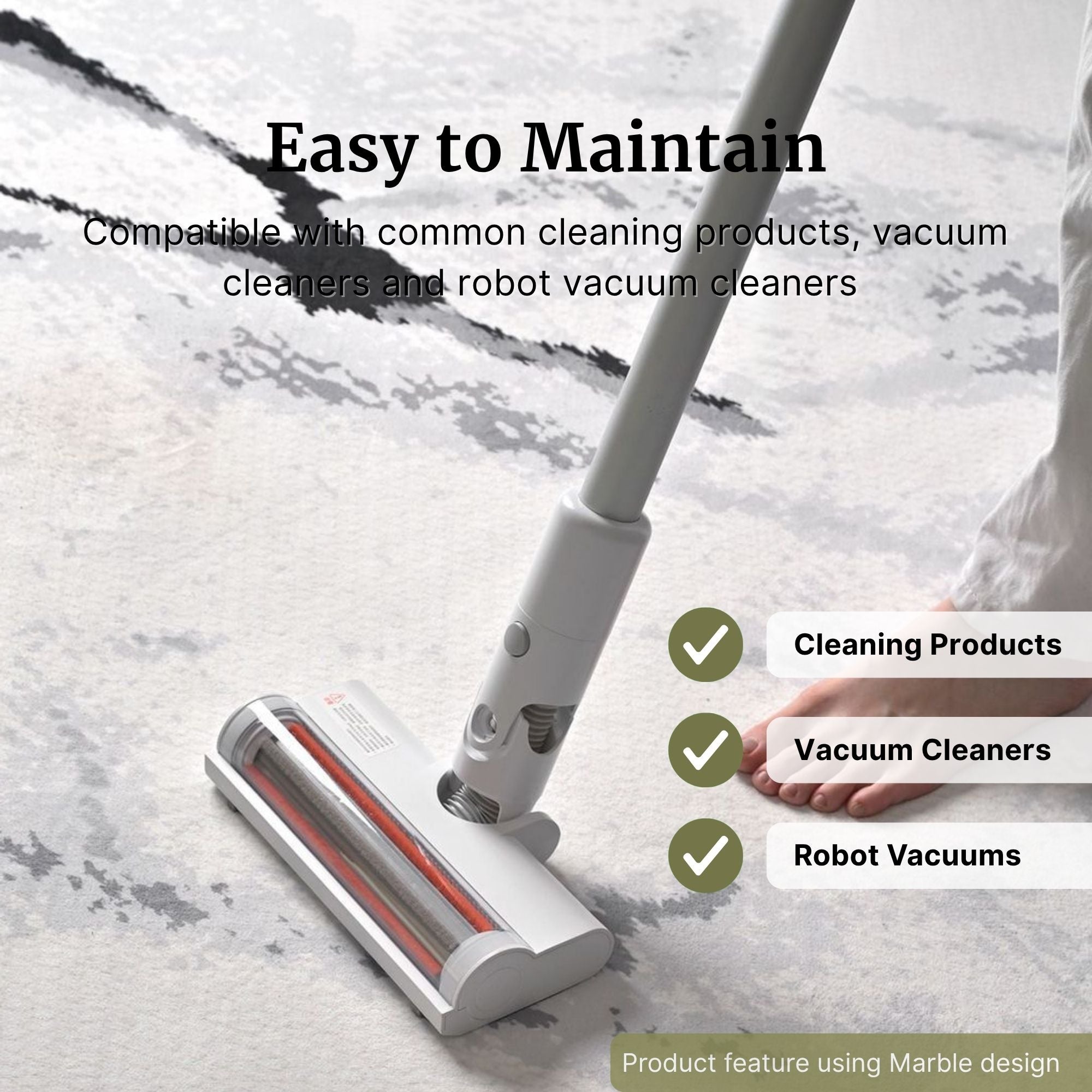 A cordless floor cleaner head and handle shown on a light marble-patterned rug, with marketing text reading 'Easy to Maintain' and a foot visible at the right edge.