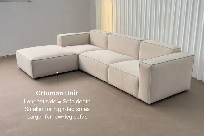 Example of an ottoman used together with cubix sofa in beige pet friendly fabric
