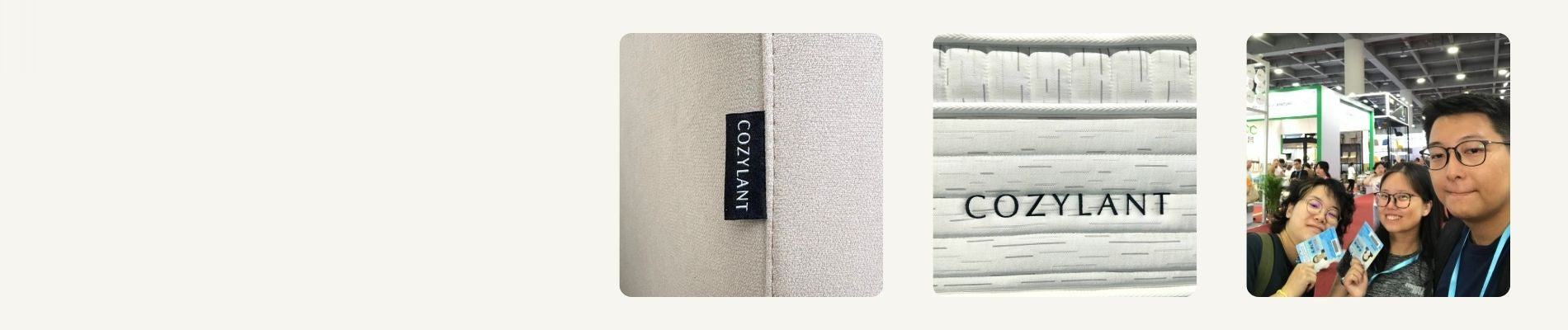 Three product-related panels on a light gray background: a close-up of a fabric tag reading COZYLANT, a close-up of a white textured material with the COZYLANT logo, and a group selfie in what appears to be a convention or showroom.