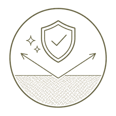 Icon of a shield with a check mark inside, surrounded by arrows and stars, on a white background.