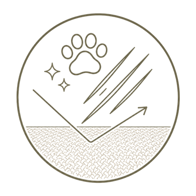 Circular icon with paw print, stars, and lines on a textured background