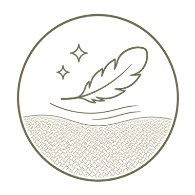 Icon of a feather and stars in a circular design on a white background