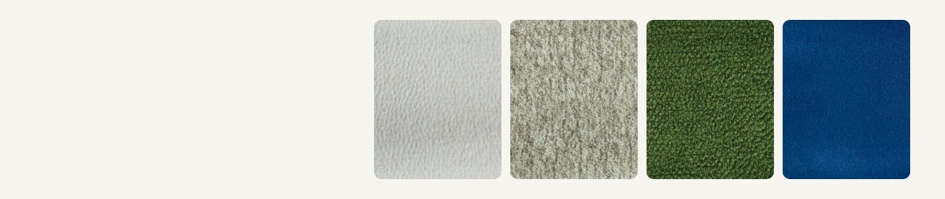 Four square material swatches on a white background, showing slightly velvety fabric in white, beige, dark green, and blue colours.