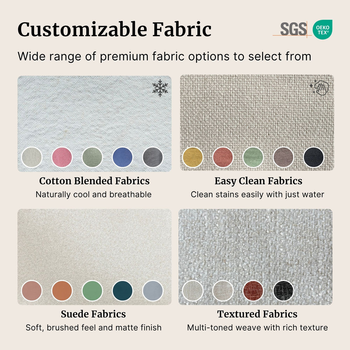 Promotional graphic for customizable fabric options, showing four fabric swatch panels: Cotton Blended Fabrics, Easy Clean Fabrics, Suede Fabrics, and Textured Fabrics. Each panel displays a fabric texture sample with a row of color swatches underneath.