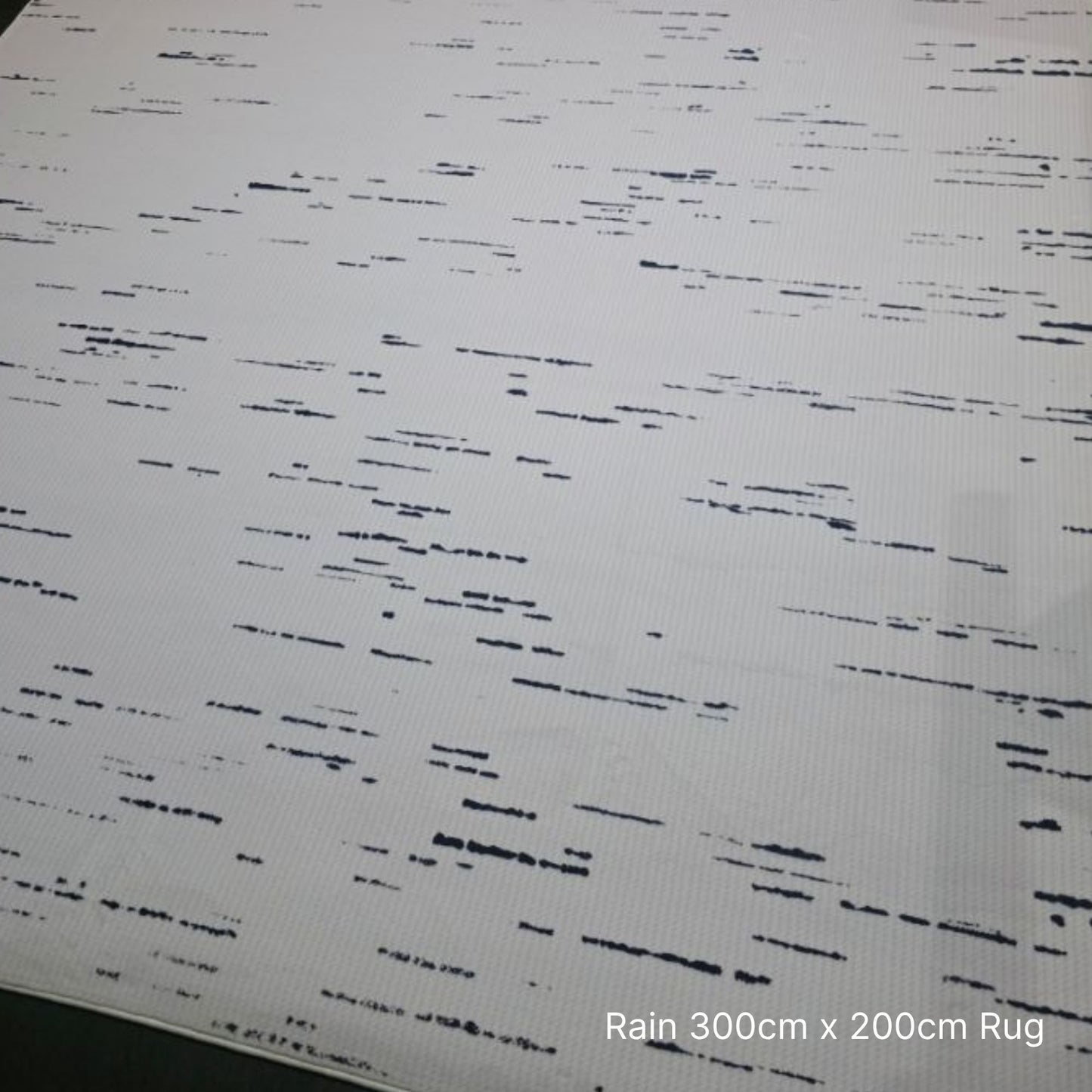 Textured rug with black and white pattern, size 300cm x 200cm, brand 'Rain'.
