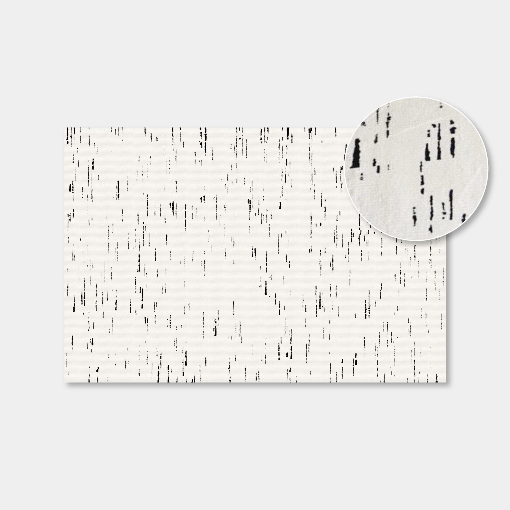 A rectangular sample card with a white or off-white base and scattered irregular black vertical marks, shown on a light gray background with a circular inset close-up of the same pattern.