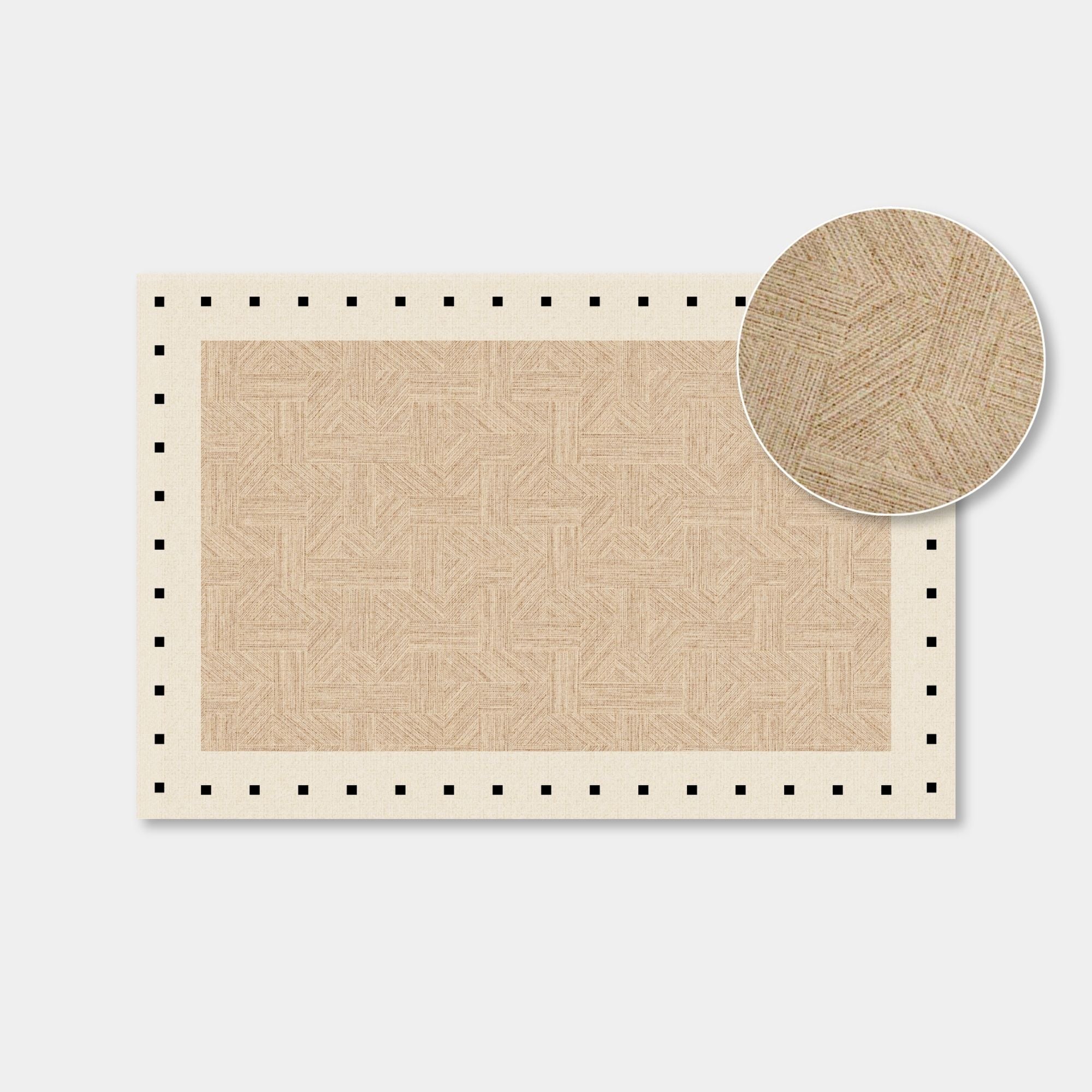 A rectangular rug or mat shown on a light gray background, with a circular inset close-up of its woven texture. The product has a warm beige and tan geometric pattern with a cream border and small black dot accents along the edge.