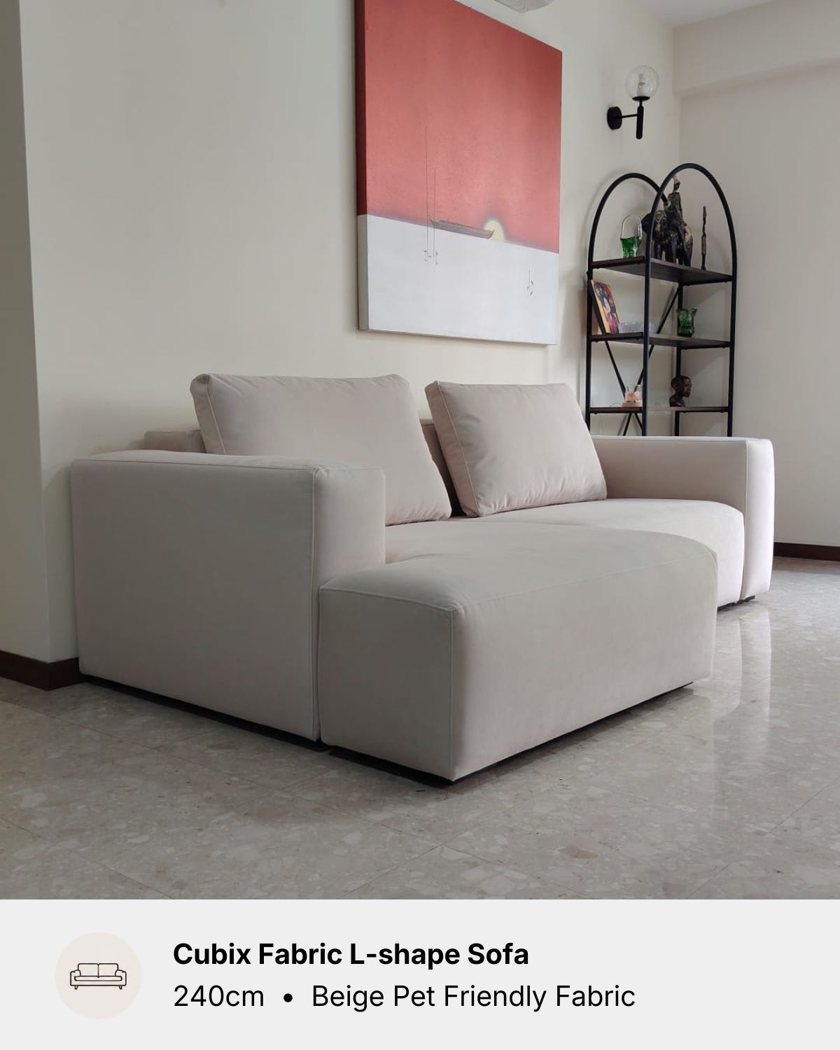 A light beige fabric L-shaped sectional sofa in a modern living room setting, with a text overlay at the bottom specifying 'Cubix Fabric L-shape Sofa, 240cm • Beige Pet Friendly Fabric'.