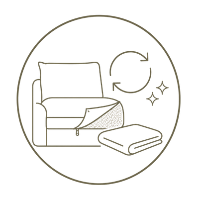 A simple line drawing inside a circle showing a sofa with an extra set of covers, a circular recycling symbol, and small sparkle marks, suggesting recyclable or reusable material.