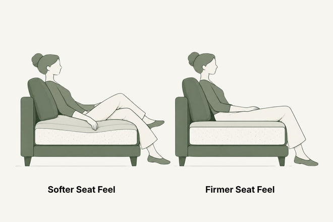 Illustrated comparison showing two seated figures on armchairs with the text 'Softer Seat Feel' on the left and 'Firmer Seat Feel' on the right, comparing seat support and comfort.
