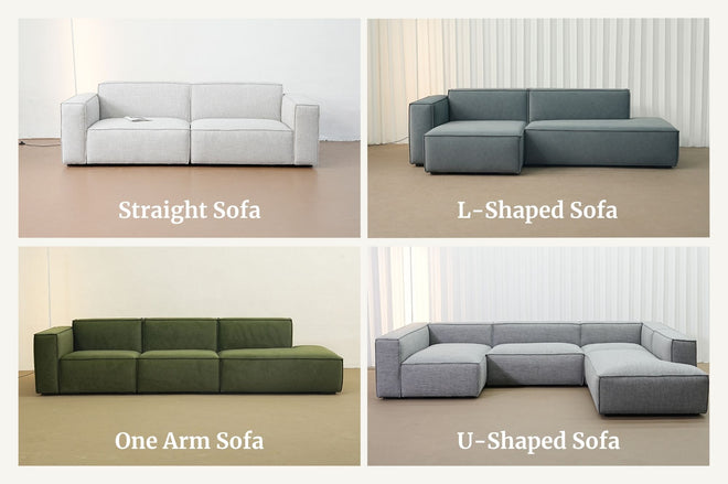 Illustration of Cubix sofa in different configurations such as straight sofa, L-shaped, one arm and U-shaped