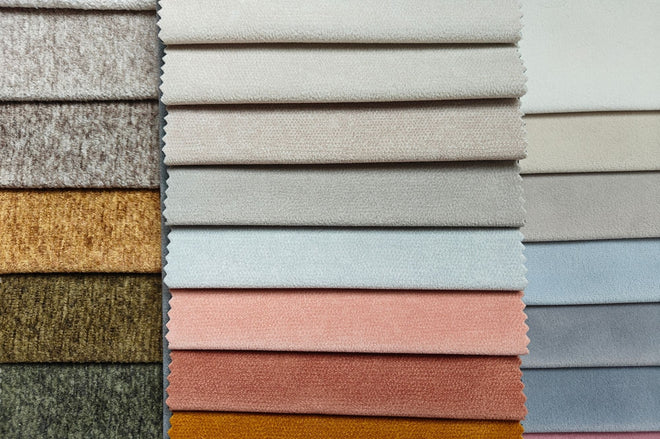 Close-up of tightly woven pet friendly sofa fabric samples across different series with different available colours