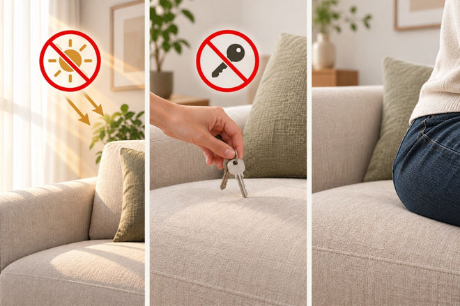 Minimizing sunlight exposure, reduce contact with sharp objects and preventing colour transfer from dark coloured clothing are somethings to do to maintain your fabric sofa