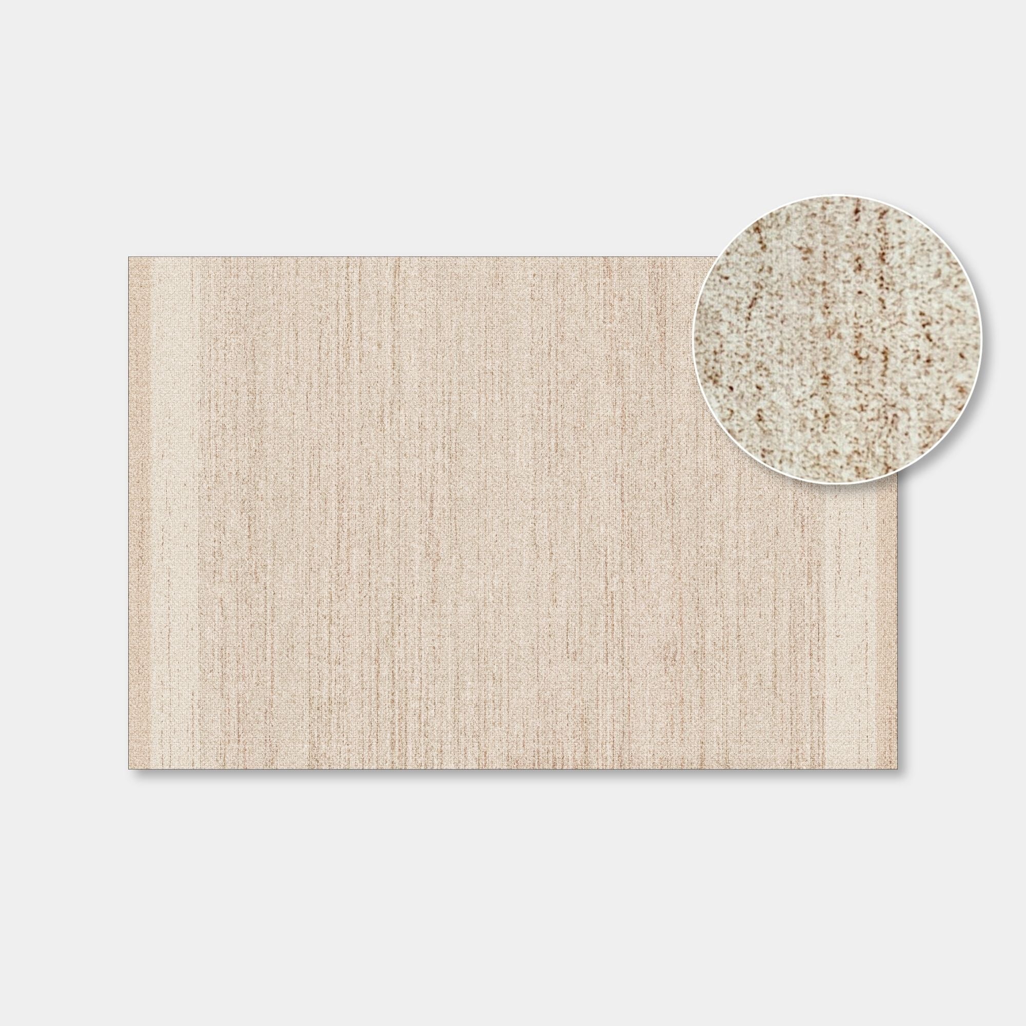 A rectangular beige textured mat or rug shown on a light gray background, with a circular inset close-up in the upper right highlighting the speckled woven texture.