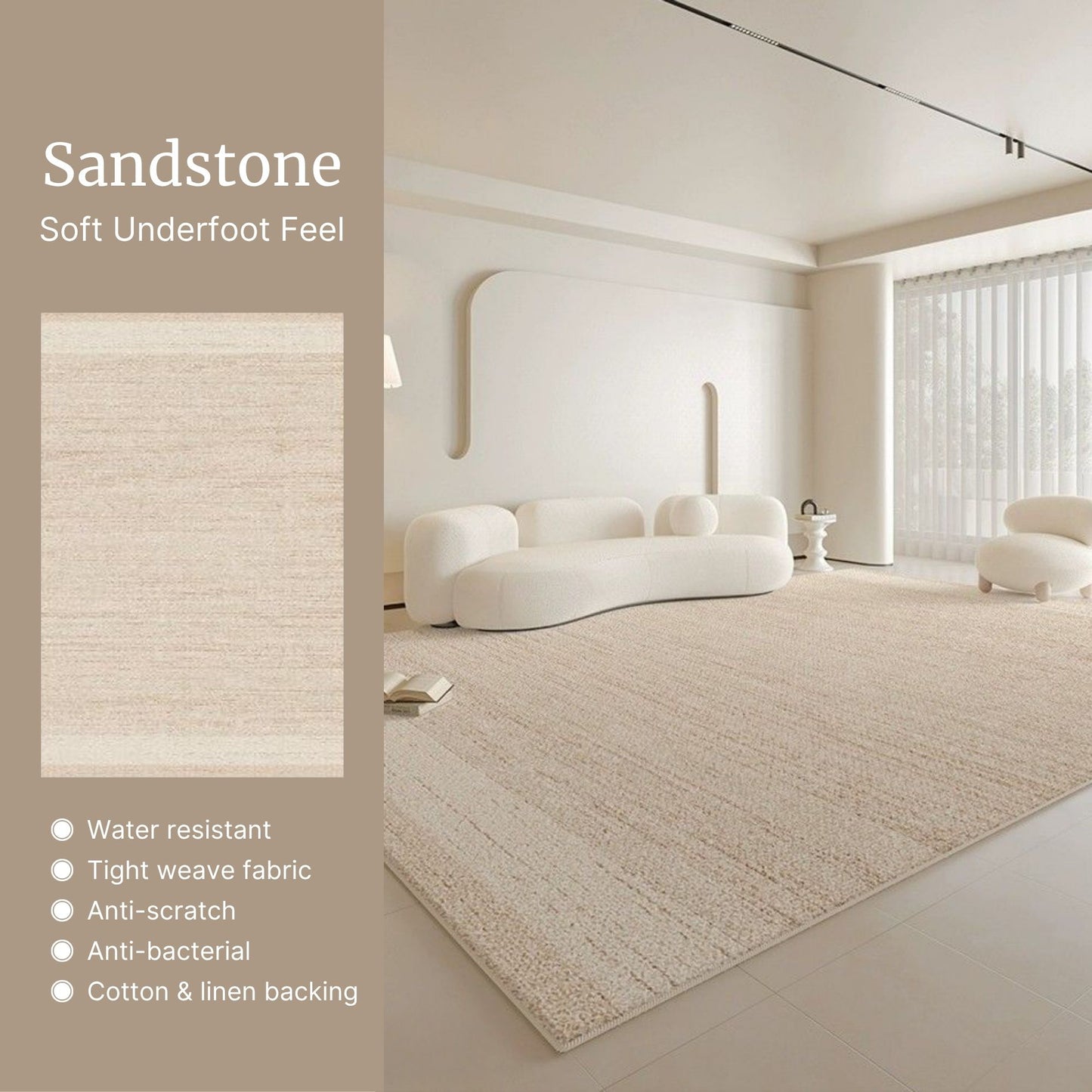 Beige rug in a modern living room with sandstone color swatch and features listed.
