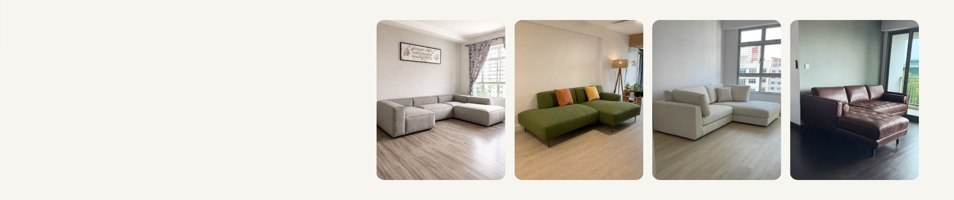 A banner-style collage showing four interior room scenes with sofas: a light gray sectional in a bright living room, a green sectional with colorful pillows in another room, a light gray sectional in a minimalist room, and a dark brown leather sofa in a darker room. The banner is wide on the right with a large blank off-white area on the left.