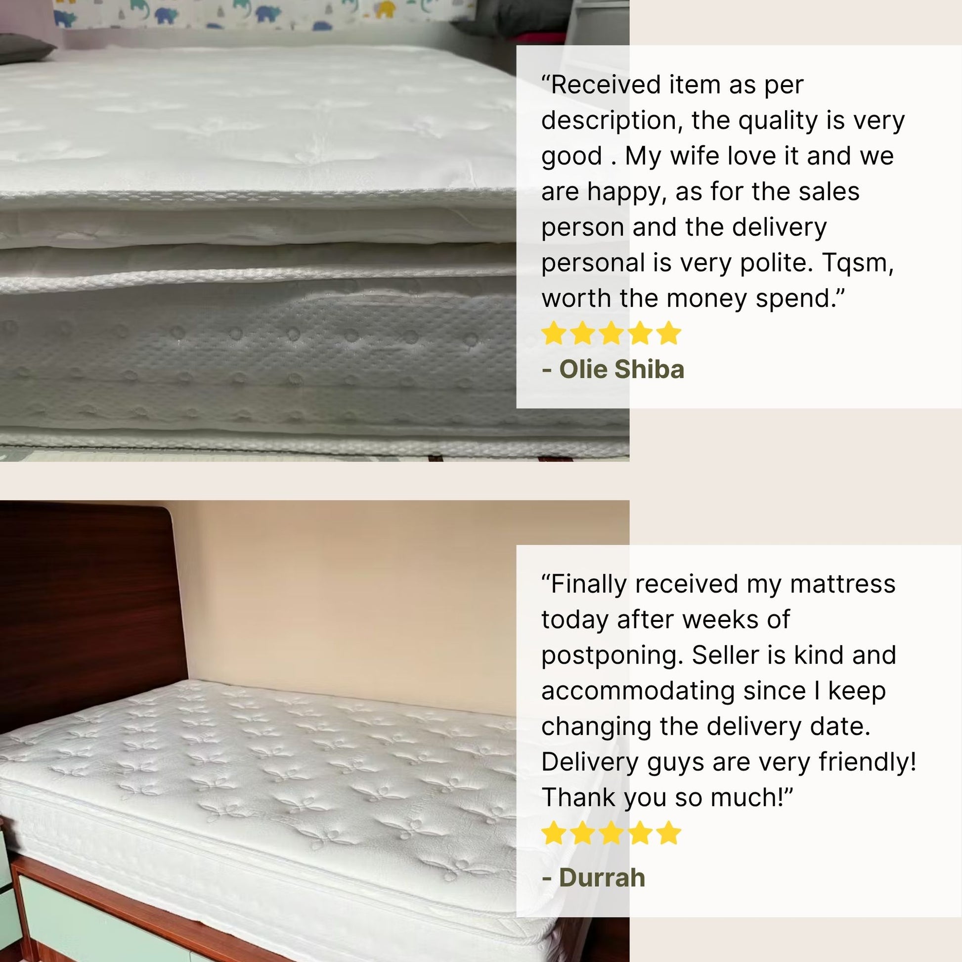 Two images of mattresses with customer reviews displayed.