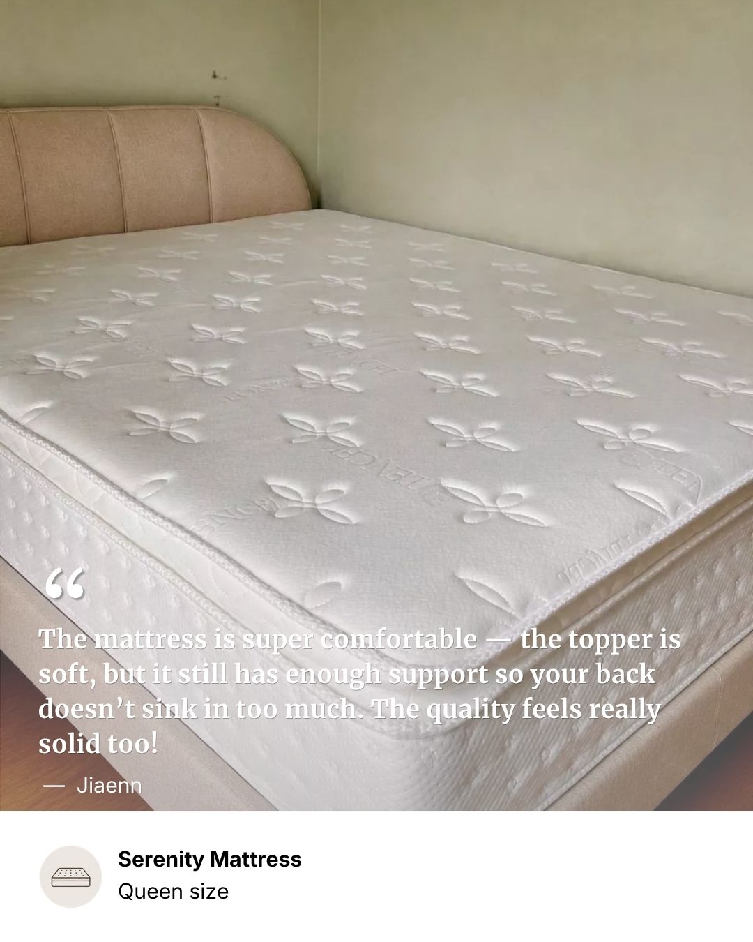 A white quilted mattress topper with a butterfly pattern, shown on a bed frame with a beige upholstered headboard. A quote overlay is on the left, and a product info banner at the bottom reads 'Serenity Mattress Queen size'.
