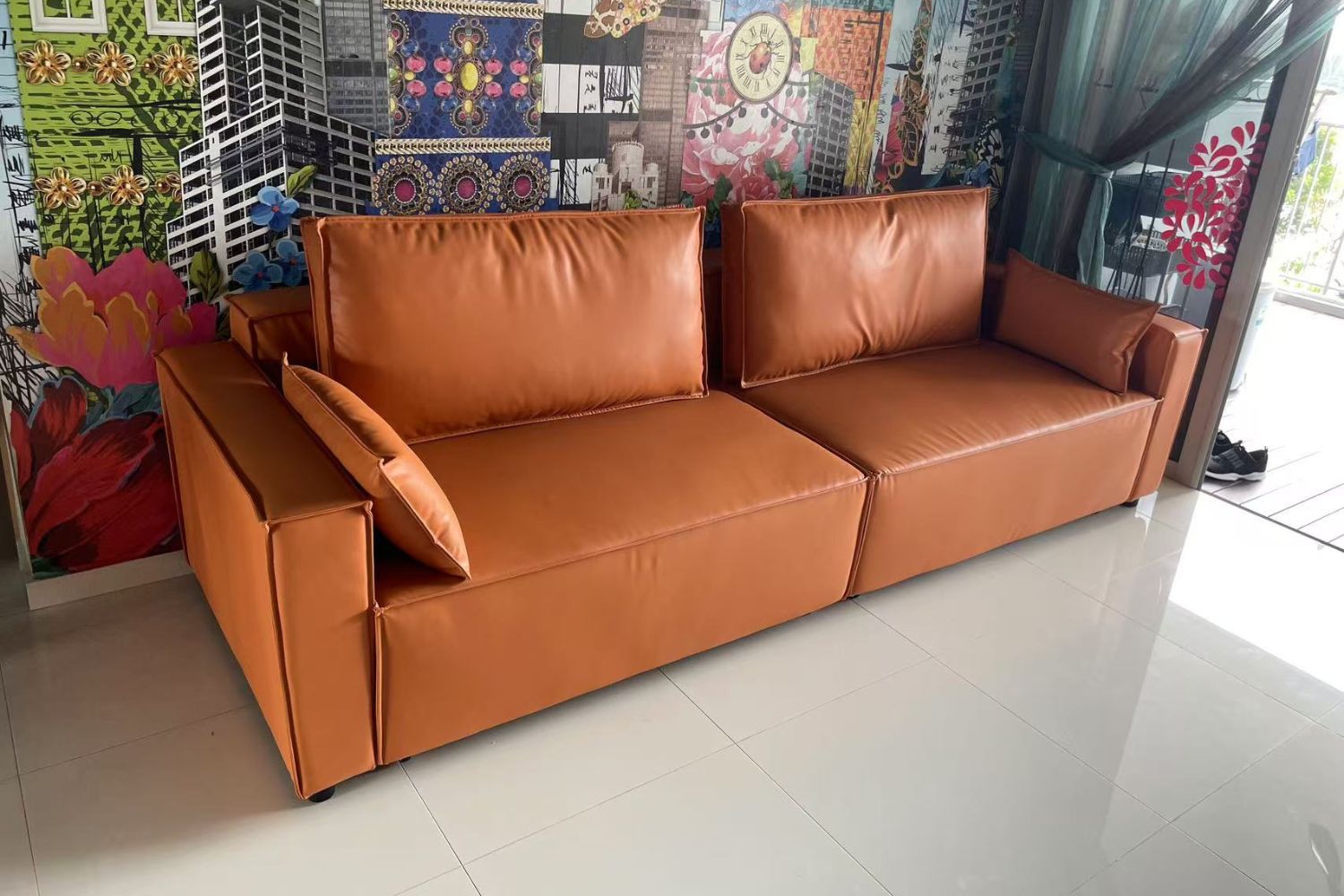 Cubix 4 seater brown faux leather sofa bed